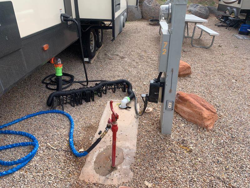 RV site with electric water and sewer connections for a full hookup stay